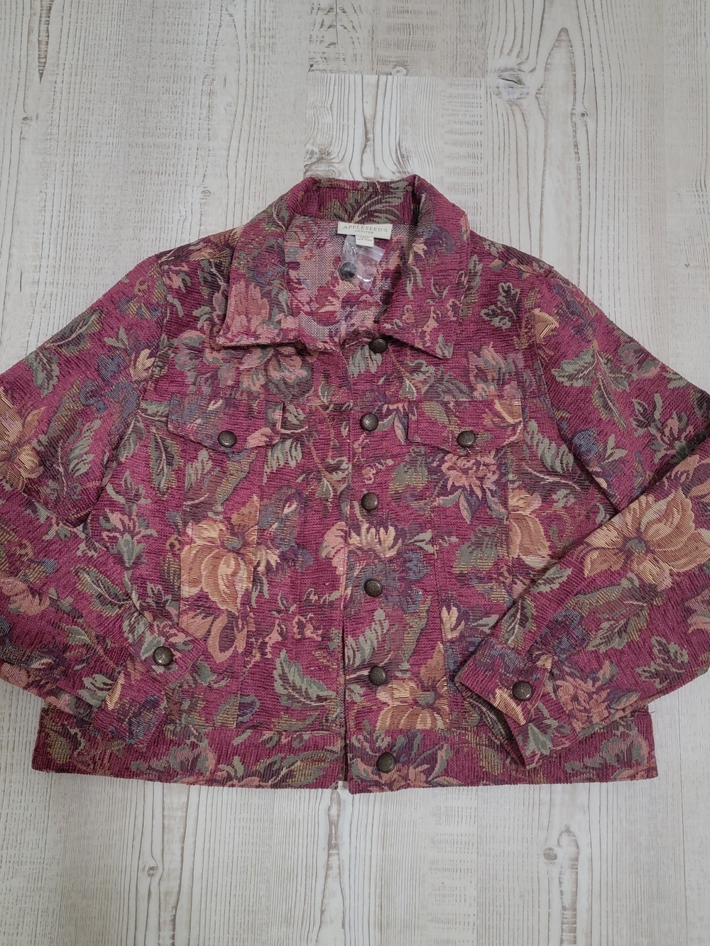 Appleseed's Burgundy Floral Tapestry Jacket Size 10P 90s Vintage Art To Wear